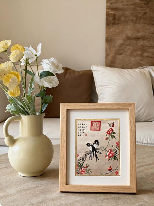 Shu‑Brocade Spring Swallows on Peach Blossoms · Vertical Framed Silk Art（30*20CM）