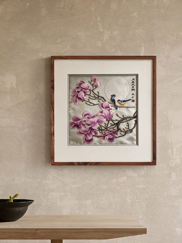 蜀锦玉兰花鸟月夜图 · 方形真丝画